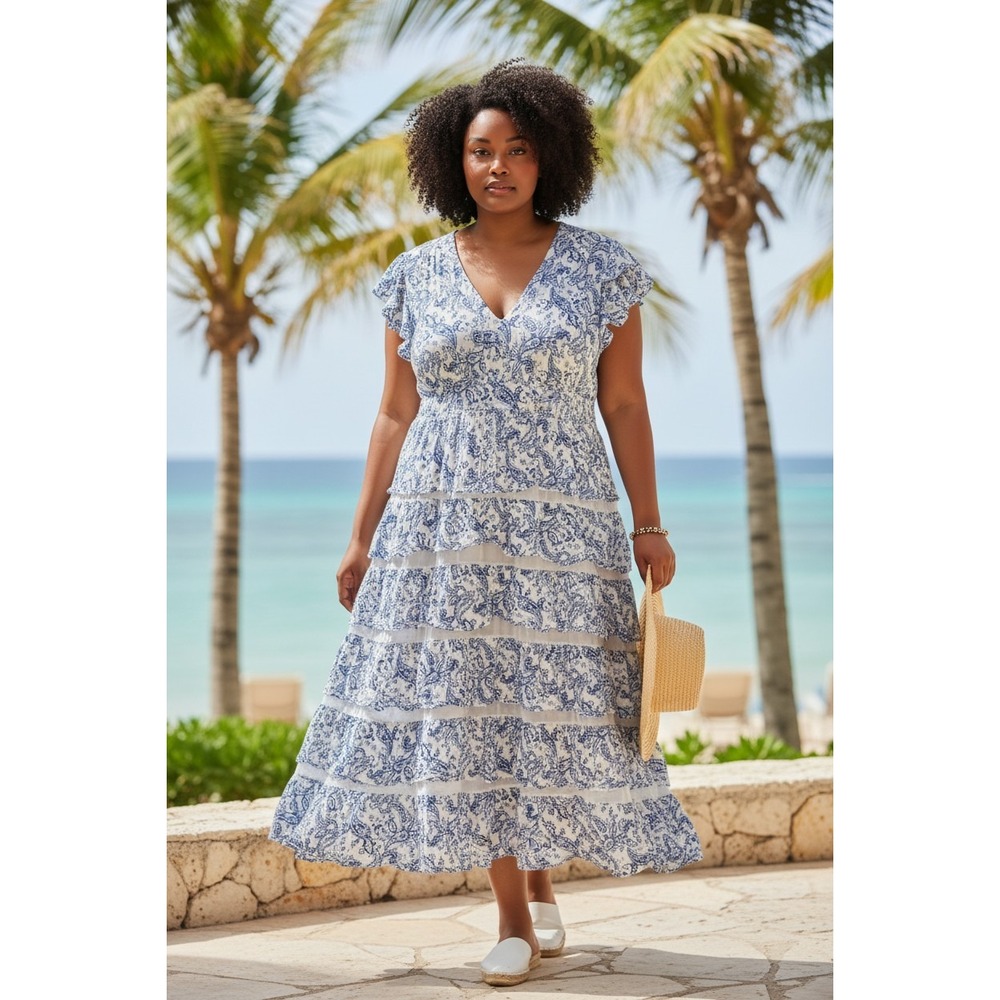 Kings Road Blue White Paisley NWT Tiered Midi Dress Smocked Back 3X 14064201X